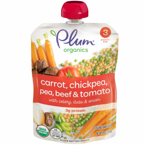 Plum® Organics Stage 3 Chickpea Tomato Beef Baby Food Pouch Perspective: front