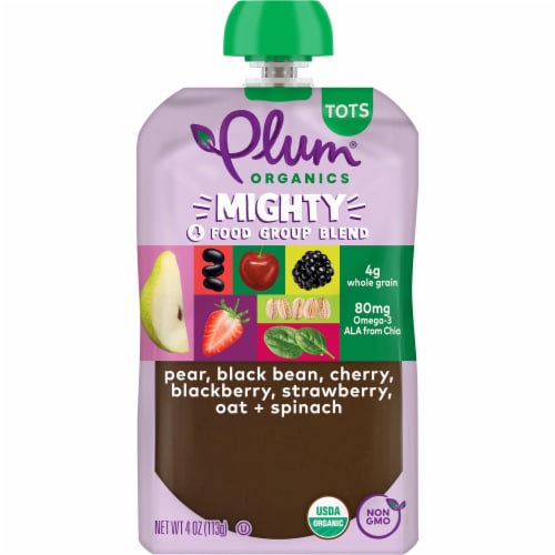 Plum Organics® Mighty 4® Pear Cherry Berry Black Bean Spinach Oat Blends Stage 4 Baby Food Pouch Perspective: front