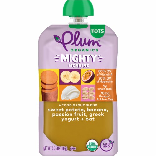 Plum Organics® Mighty 4 Blend Sweet Potato Banana Passion Fruit and Oat Toddler Pouch Perspective: front