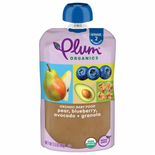Plum® Organics Pear Blueberry Avocado & Granola Stage 2 Organic Baby Food Pouch Perspective: front