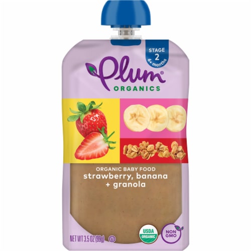 Plum® Organics Strawberry Banana Granola Stage 2 Baby Food Pouch Perspective: front
