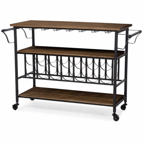 Baxton Studio Bradford Rustic Industrial Style Antique Black Textured Finish Metal Distressed Wood Mobile Kitchen Bar Serving Wine Cart