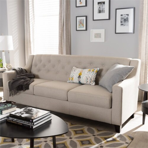 Baxton Studio Arcadia Modern and Contemporary Light Beige Fabric Upholstered Button-Tufted Living Room 3-Seater Sofa Baxton Studio Arcadia Modern and Contemporary Light Beige Fabric Upholstered Button-Tufted Living Room 3-Seater Sofa