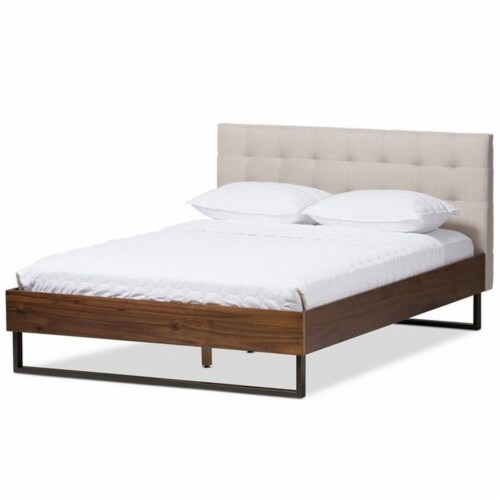 Baxton Studio Mitchell Tufted King Platform Bed in Beige and Brown Perspective: front