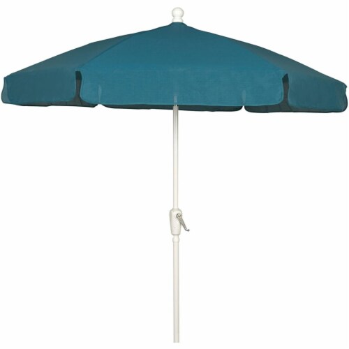 Fiberbuilt 7GCRW-Teal 7.5 ft. 6 Rib Crank White Hex Garden Umbrella with Teal Vinyl Coated We Perspective: front