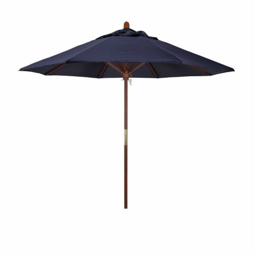 California Umbrella MARE908-5439 9 ft. Wood Market Umbrella Pulley Open Marenti Wood-Sunbrell Perspective: front