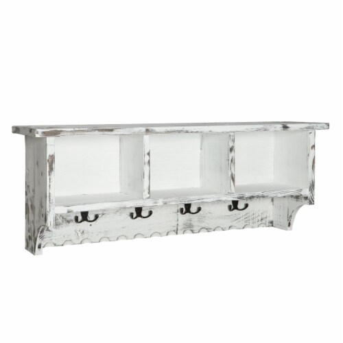 Alaterre Country Cottage Coat Hooks with Storage Cubbies in White Antique Finish Perspective: front