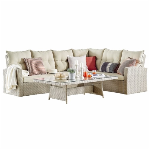 Canaan Outdoor Wicker Corner Sectional Loveseat and Sofa with 57 L Coffee Table Perspective: front