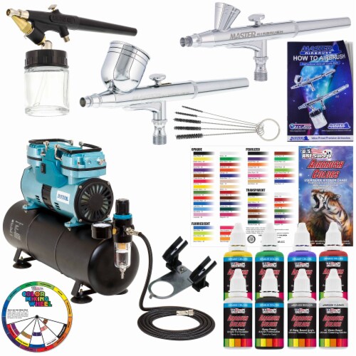 Gravity and Siphon Feed Airbrushing System with TwinPiston Air Tank