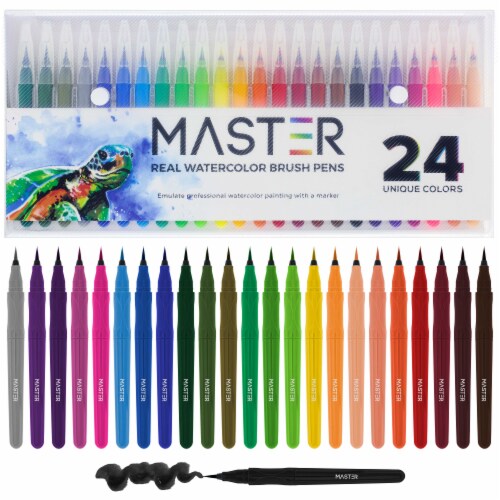 24 Color Watercolor Soft Flexible Brush Tip Pens Set - Fine, Broad