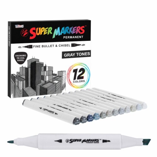 12 Color Gray Tones Dual Tip Set - Fine Bullet & Chisel Point Art Markers,  Ergonomic Barrels, 12 Gray Marker Set - Pay Less Super Markets