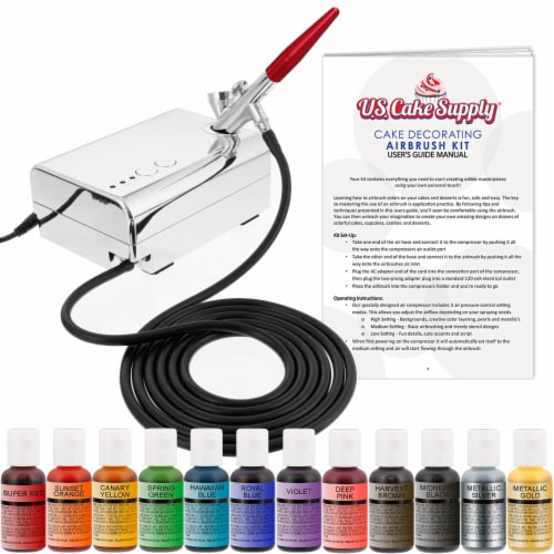 Complete Cake Decorating Airbrush Kit with a Full Selection of 12 Vivid Airbrush Food Colors Perspective: front