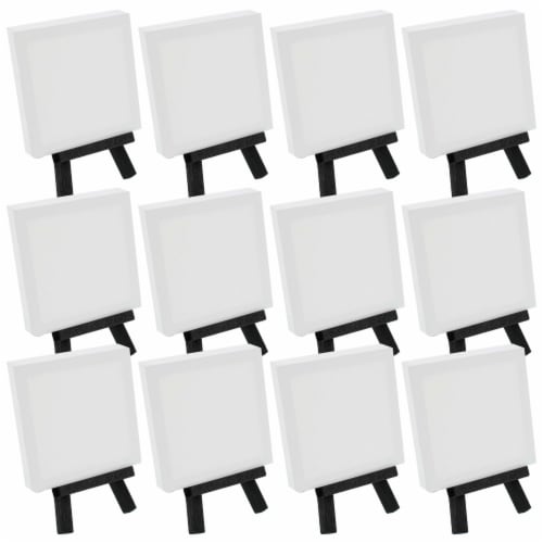 3  x 3  Stretched Canvas with 5  Mini Black Wood Display Easel Kit, 12 Pack - Tabletop Stand Perspective: front