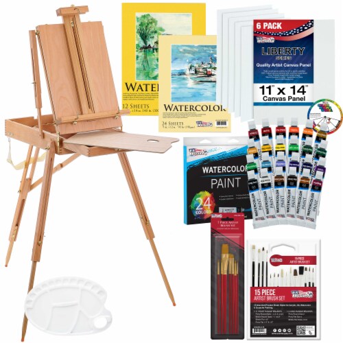 57-Piece Watercolor Painting Kit with French Easel, Watercolor Paint, Canvas, Paper, Brushes Perspective: front