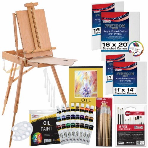 63 Piece Oil Artist Painting Kit with Wood French Easel, 24 Oil Paints, Stretched Canvas Set Perspective: front