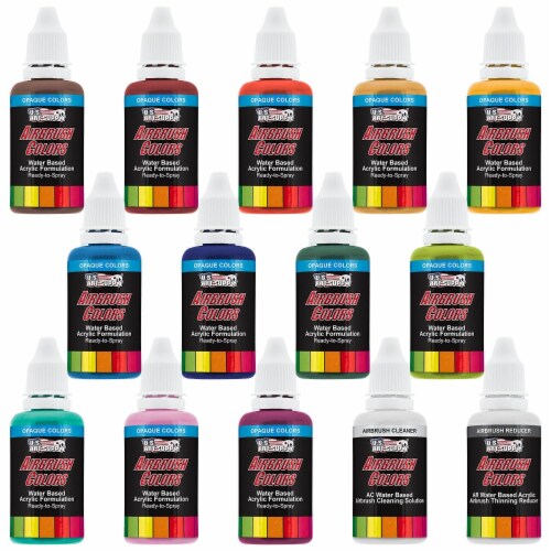 12 Color Secondary Opaque Colors Acrylic Airbrush Paint Set with Reducer & Cleaner Perspective: front