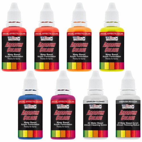 6 Color Fluorescent Acrylic Neon Colors Airbrush Paint Set with Reducer & Cleaner Perspective: front