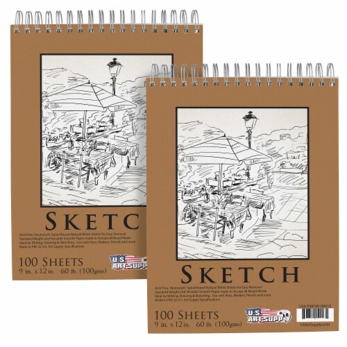 9  x 12  Premium Spiral Bound Sketch Pad, Pad of 100-Sheets, 60 Pound (100gsm) (2 Pads) Perspective: front