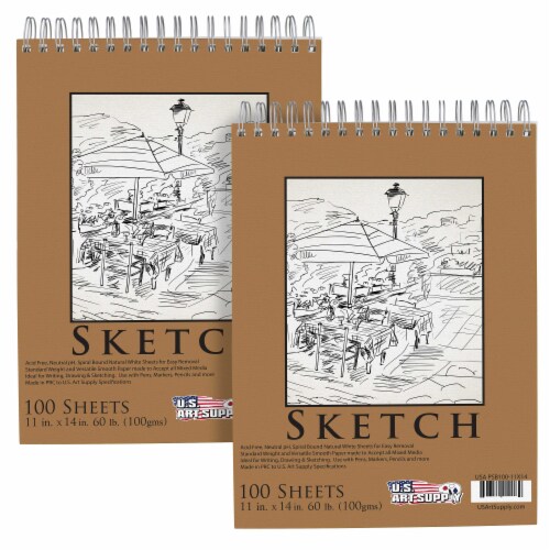 11  x 14  Premium Spiral Bound Sketch Pad, Pad of 100-Sheets, 60 Pound (100gsm) (2 Pads) Perspective: front