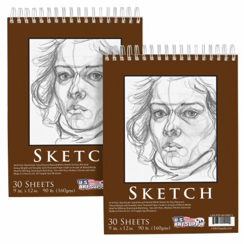 9  x 12  Heavy-Weight Paper Spiral Bound Sketch Pad, 30 Sheets, 90 Pound (160gsm) - 2 Pads Perspective: front