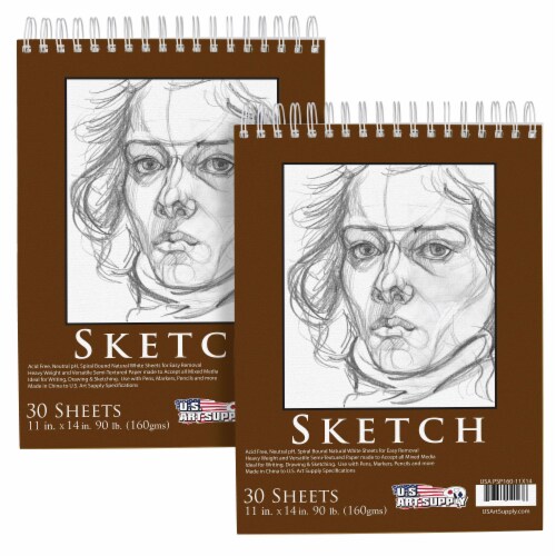 11  x 14  Heavy-Weight Paper Spiral Bound Sketch Pad, 30 Sheets, 90 Pound (160gsm) - 2 Pads Perspective: front