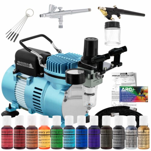 12 Color Cake Decorating Airbrushing System Kit - Gravity & Siphon Feed, Dual Fan Compressor Perspective: front