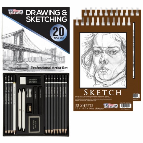 20-Piece Artist Sketch Set with Storage Case - Sketch & Charcoal Pencils, Stumps & Paper Pads Perspective: front
