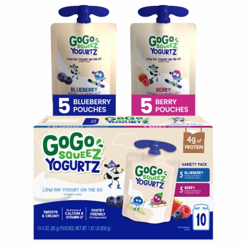 GoGo SqueeZ yogurtZ Blueberry and Berry Portable Fruit and Yogurt Snack Pouches Perspective: front