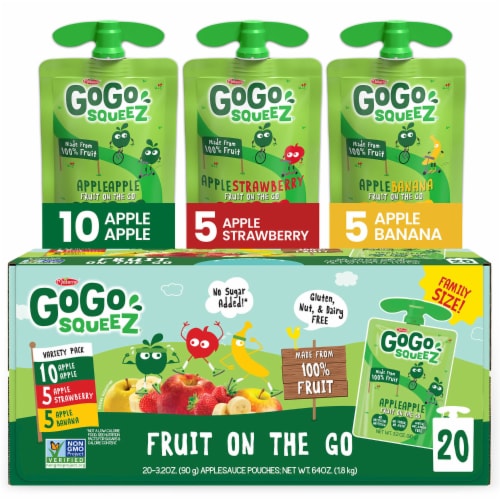 GoGo squeeZ Applesauce and Fruit Puree Apple Apple, Apple Strawberry, Apple Banana Snack Pouches Perspective: front