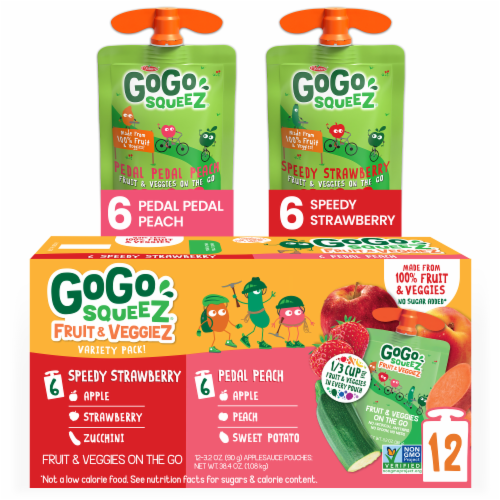 GoGo squeeZ® Peach & Strawberry Applesauce and Fruit Puree Pouches Variety Pack Perspective: front