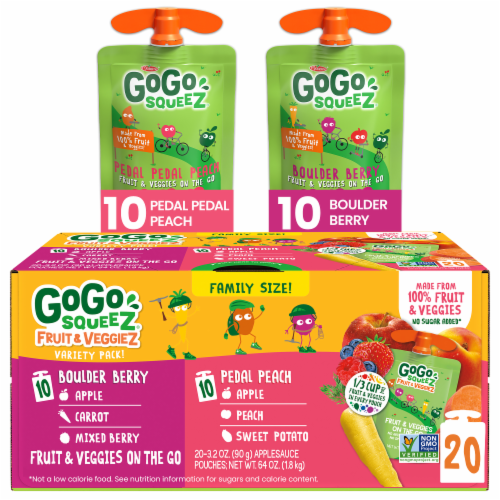 GoGo squeeZ Fruit & VeggieZ Applesauce Puree Variety Pack Boulder Berry, Pedal Peach Snack Pouches Perspective: front