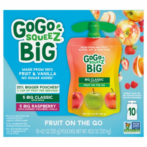 GoGo SqueeZ Big SqueeZ Apple & Raspberry Applesauce Pouches, 10 ct / 4.2 oz  - Baker's