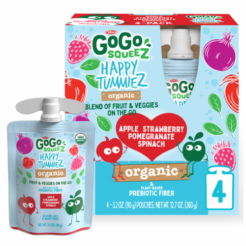 GoGo Squeez Happy TummieZ Organic Apple Strawberry Pomegranate Spinach Fruit & Veggie Pouch Perspective: front