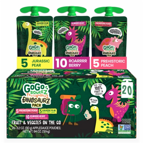GoGo squeeZ® fruit & veggieZ Snack, Dino Variety Pack, Prehistoric Peach, Jurassic Pear, Roar Berry Perspective: front