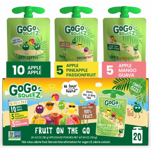 GoGo squeeZ Applesauce and Fruit Puree Tropical Variety Pack Snack Pouches Perspective: front
