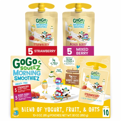 GoGo SqueeZ Morning SmoothieZ Strawberry and Mixed Berry Variety Pack Snack Pouch Perspective: front