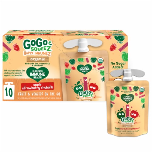 GoGo Squeez Happy Immunez Strawberry Rhubarb Snack Pouch Perspective: front