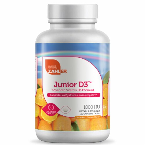 Zahler Junior D3™ 1000 IU Advanced Vitamin D3 Formula Orange Flavor Chewable Tablets Perspective: front