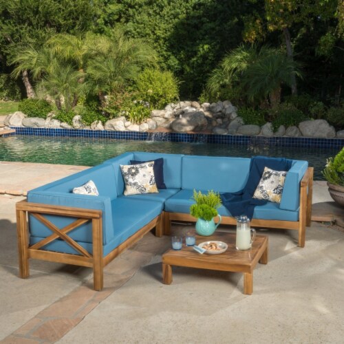 Brava Outdoor 4 Piece V Shaped Acacia Wood Sectional Sofa and Coffee Table Set white gray 4pcs Fred Meyer