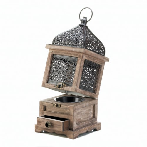 Aewholesale 10018058 14 in. Flip-Top Wood Lantern with Drawer Perspective: front