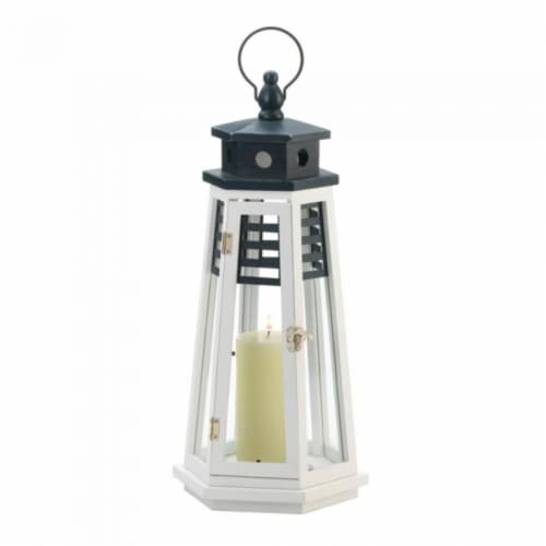 Navy Blue and White Wood Lighthouse Candle Lantern - 19 inches Perspective: front