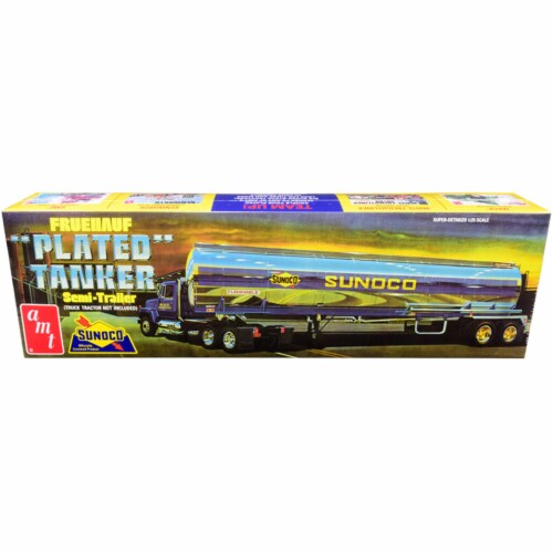 Skill 3 Model Kit Fruehauf Plated Tanker Semi-Trailer \Sunoco\ 1/25 Scale Model by AMT Perspective: front