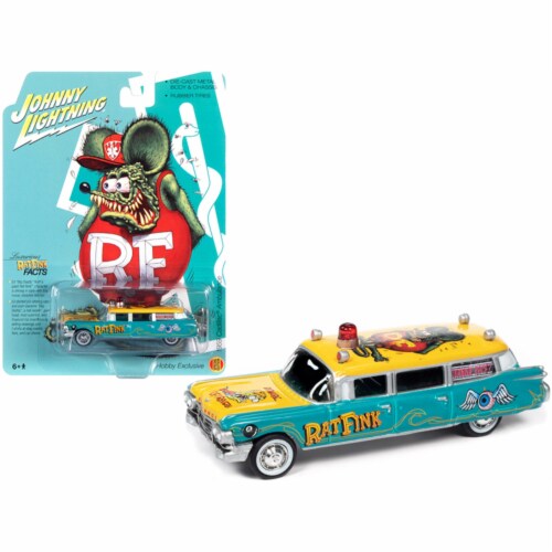 1959 Cadillac Ambulance Rat Fink Turquoise Yellow with Graphics by Johnny Lightning 1 Smith s Food and Drug