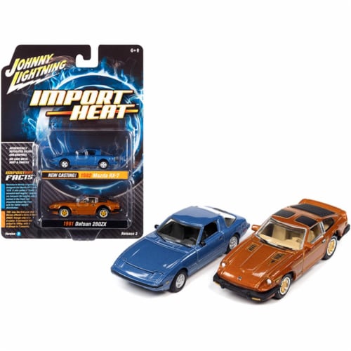 1982 Mazda RX-7 Blue Metallic and 1981 Datsun 280ZX Orange Mist Metallic  Import Perspective: front