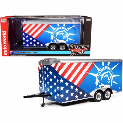Four Wheel Enclosed Car Trailer Patriotic with Graphics for 1/18 Scale Model Perspective: front