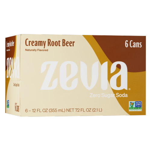 Zevia® Creamy Root Beer Zero Sugar Soda Cans Perspective: front