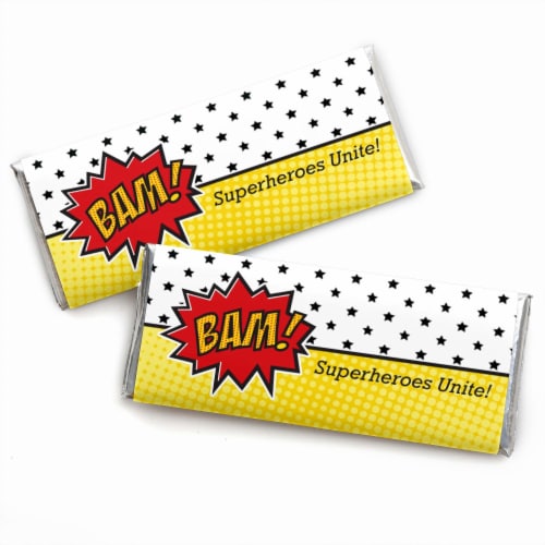 Big Dot of Happiness Bam Superhero Candy Bar Wrappers Baby Shower Birthday Party Favors 24 Ct Perspective: front