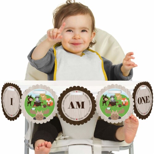 Big Dot of Happiness Woodland Creatures 1st Birthday Party Decor I Am One High Chair Banner Perspective: front