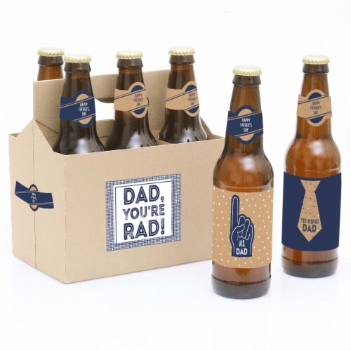 Big Dot of Happiness My Dad is Rad Father's Day Decor for Men 6 Beer Bottle Labels & Carrier Perspective: front