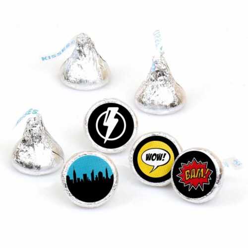 Big Dot of Happiness Bam Superhero - Party Round Candy Sticker Favors (1 Sheet of 108) Perspective: front